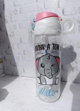 Бутылка для воды с трубочкой herevin elephant пластиковая 750 мл прозрачный с розовым 161684-053-1