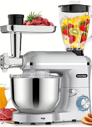 Уценка! универсальная кухонная машина 2000w 3-в-1 с мясоизмельчителем, сочискателем и меткой, 5.5л чаша, серебряная