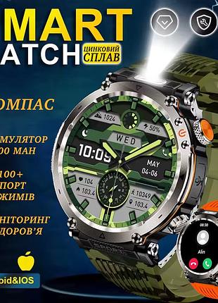 Смарт часы мужской tactical military bluetooth звонки компас led фонарик 110+ спорт режимов android iphone водонепроницаемые