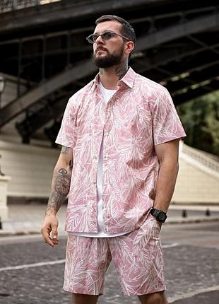 Костюм мужской летний розовый гавайский aloha pink! костюм рубашка + шорты! костюм мужественный пляжный на лето! летний комплект! хлопок 100%!