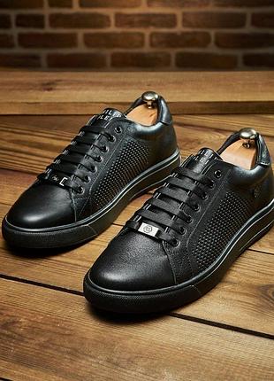Мужские кеды philipp plein летние черные с перфорацией натуральная м-84