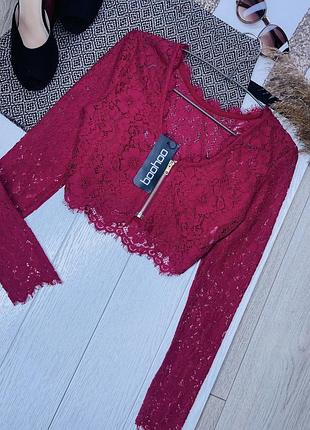 Новий мереживний топ boohoo xs топ короткий вжурний топ бордовий