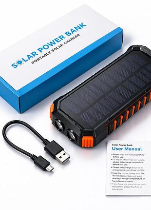 Солнечный павербанк 20000 mah solar power bank, внешний аккумулятор с фонариком, водозащита, 2 usb