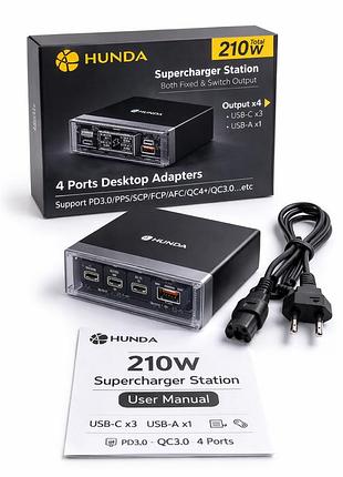 Зарядная станция 210w hunda | 4 порта usb (3×usb-c, 1×usb-a), быстрая зарядка pd/qc