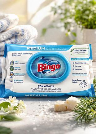 Вологі серветки bingo pratik medium універсальні 100 шт –для прибирання, для кухні, меблів, поверхонь