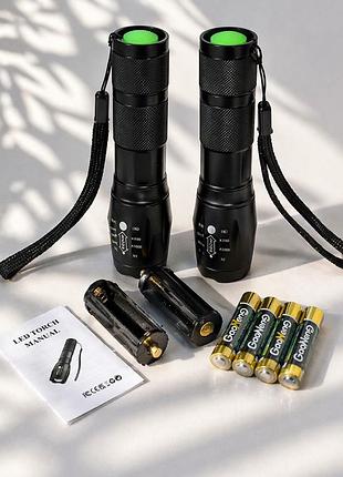 Набор led фонарей 2 шт, тактические фонарики, зум, батарейки, usb