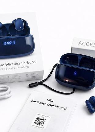 Наушники tws h63 bluetooth 5.3 синие с дисплеем