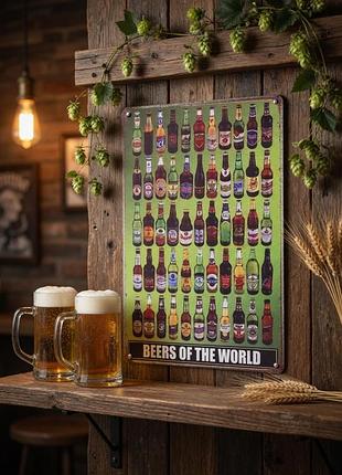 Металева вінтажна табличка «beers of the world», розмір 20х30 см