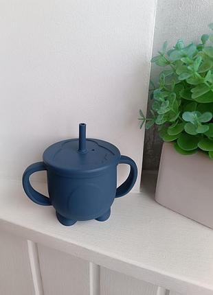 Поильник непроливайка силиконовый пингвин 2в1 с трубочкой (navy blue)