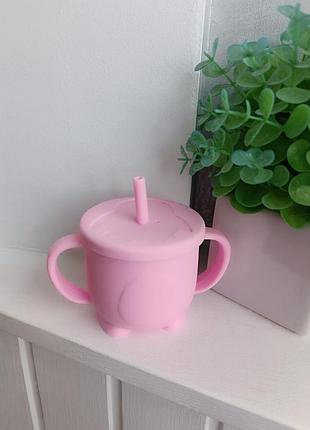 Поильник непроливайка силиконовый пингвин 2в1 с трубочкой (baby pink)