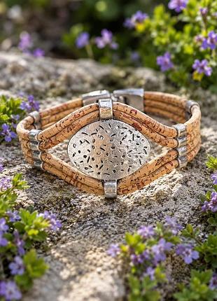 Унікальний стильний браслет у природному boho-стилі з коркового дерева із срібною вставкою