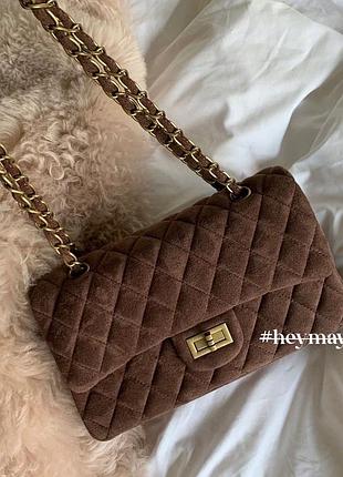 Вельветова коричнева сумка в стилі chanel, жіноча сумка через плече