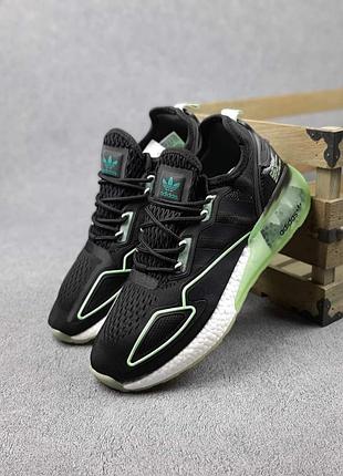 Adidas zx 2k чёрные с салатовым текстиль сетка топ