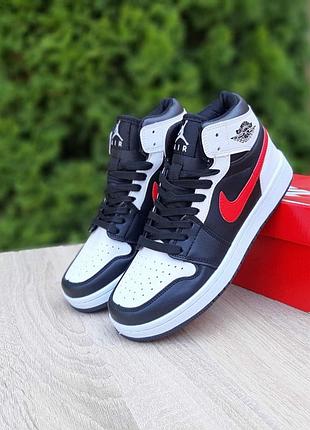 Nike air jordan 1 retro високі білі з чорним червона кома прес шкіра супер ціна