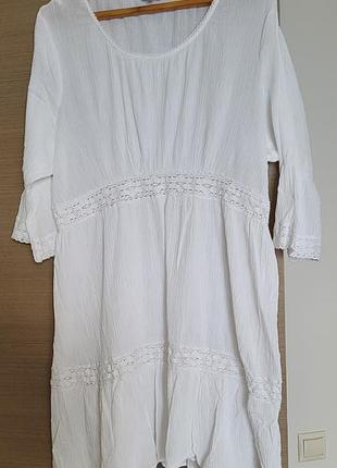 Платье белоснежное миди из жатого хлопка с кружевом размер xl-xxl
