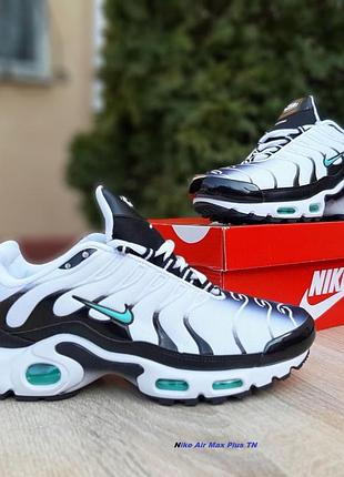 Nike air max plus tn білі з чорним та зеленим текстиль комбматеріали топ (ліцензія)