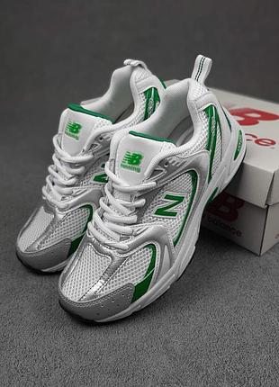 New balance 530 білі з зеленим шкірасітка