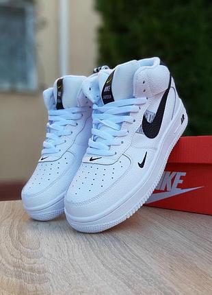 Nike air force 1 mid lv8 белые с чёрным высокие прескожамех