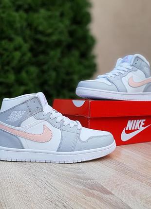 Air jordan 1 високі білі із сірим та пудрою шкірахутро