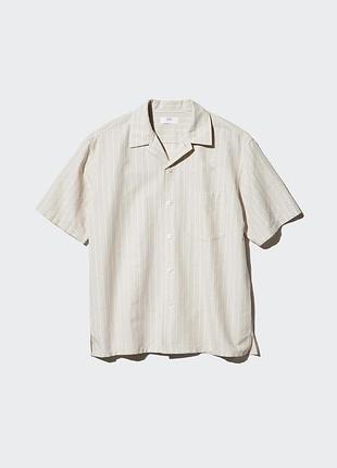 Сорочка з суміші бавовни і льону uniqlo cotton linen blend shirt (stripe, short sleeve, open collar)