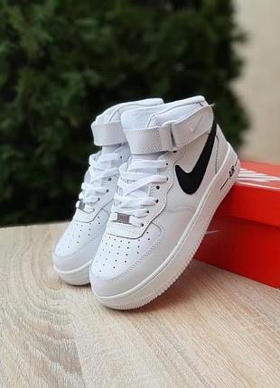 Nike air force 1 '07 mid білі з чорним високі шкірахутро топ (ліцензія)