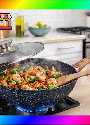 Bs сковорода wok benson best mix с мраморным антипригарным покрытием и крышкой 30 x 8 см (bn-490) bas77/n