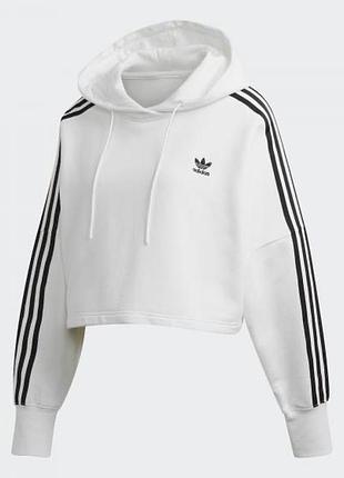 Білий вкорочений світшот з капушоном худі з чорними лампасами adidas