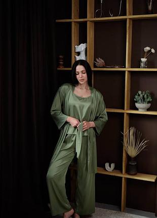 Зклена оливкова фісташкова піжама домашній комплект халат майка і штани кльош s-l