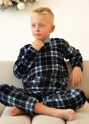 Теплая детская пижама мальчику велсофт синяя клетка 146
