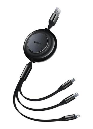 Кабель baseus free2draw retractable crystal fast charging datacable usb m+l+c 3.5a 1.1m cluster black 3