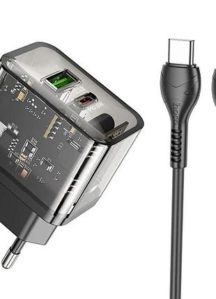 Мережевий зарядний пристрій hoco type-c to type-c cable dazzling dual-port n34 usb/1type-c 20w/3a black