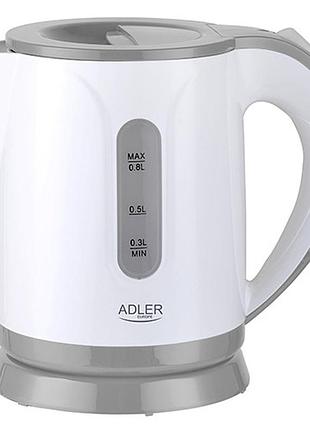 Електрочайник adler ad 1371, 0.8 л, 850 вт, пластиковий корпус, білий/сірий