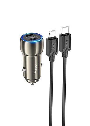 Адаптер автомобільний hoco type-c to lightning cable tough dual port car charger z48 |2type-c, 40w/3a, pd/qc| grey