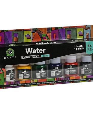 Краски акриловые bayte water ww01937st 6 цветов/водостойкие/с кисточкой/25 мл