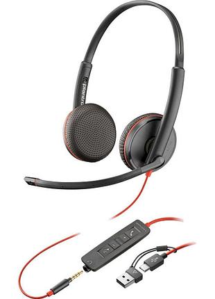 Гарнитура с микрофоном poly blackwire c3225 stereo 3.5mm/usb-c/a bulk проводная 2.2м черный (8x229a6)