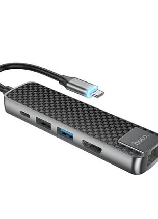 Hub адаптер hoco type-c 4khdmi lan 1usb 3.0 1usb2.0 pd 60w 3a grey