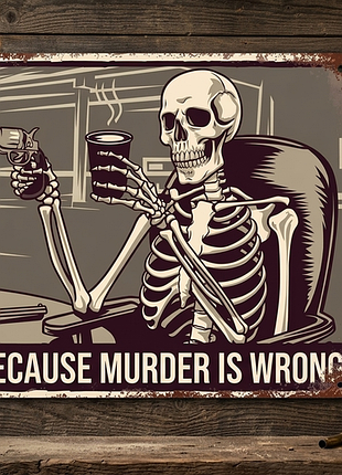 Металлическая винтажная табличка coffee because murder is wrong 14х20 см