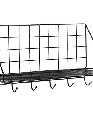 Настенная полка stenson m50234 с 6 крючками, металлическая, 35×12×20 см, черная