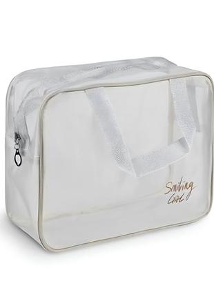 Косметичка дорожная stenson r97694-1 26×20×10 см, удобная прозрачная модель с двумя ручками, универсальный дизайн в белом цвете