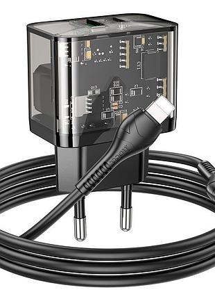 Мережевий зарядний пристрій hoco type-c to lightning cable dazzling dual-port n34 usb/1type-c 20w/3a