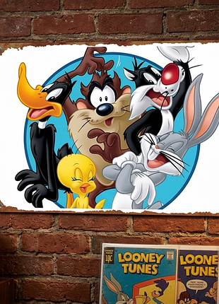 Металлическая винтажная табличка looney tunes: багз банни и друзья 14х20 см
