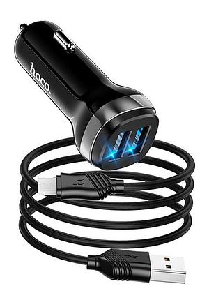Адаптер автомобильный hoco micro usb cable dual port car charger set z40 2usb 2.4a черный