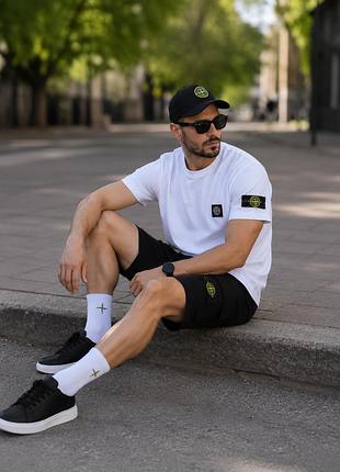 Летний мужской спортивный костюм набор футболка + шорты + кепка stone island