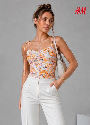 Новий лляний топ з еластичною спинкою у квітковий принт h&m m