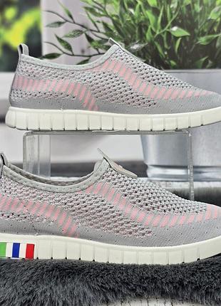 Мокасины женские ok shoes серые с розовым текстильные сетки 8461