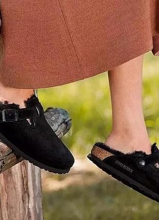 Чорні сабо теплі тапки birkenstocks з овчиною, розмір 39