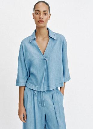Блуза жіноча zara з v-подібним вирізом, блакитна, розмір xs