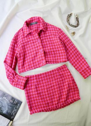 Актуальный костюм гусиная лапка тренд пиджак оверсайз кроп + юбка primark