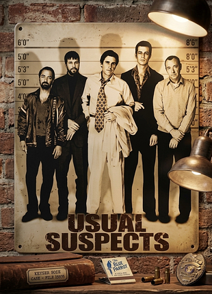 Металлическая винтажная табличка подозрительные лица usual suspects 14х20 см