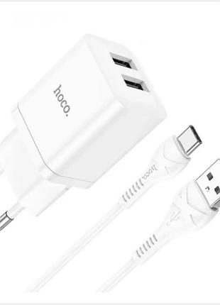 Зарядное устройство мпз с кабелем usb to type-c hoco n25 maker 35w (2 usb) white
